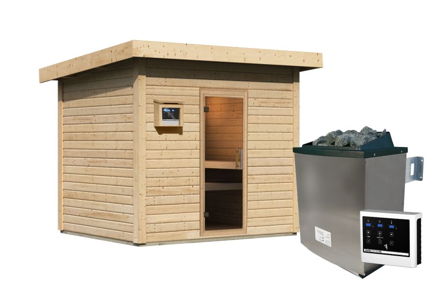 Karibu Saunahaus Caapi 4, inkl. 9 kW Ofen finnisch ext. Steuerung, mit Klarglastür und Fußboden