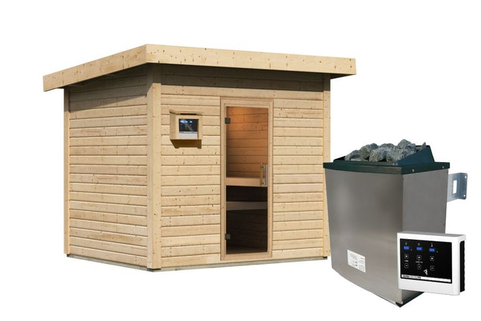 Karibu Saunahaus Caapi 4, inkl. 9 kW Ofen finnisch ext. Steuerung, mit Klarglastür und Fußboden