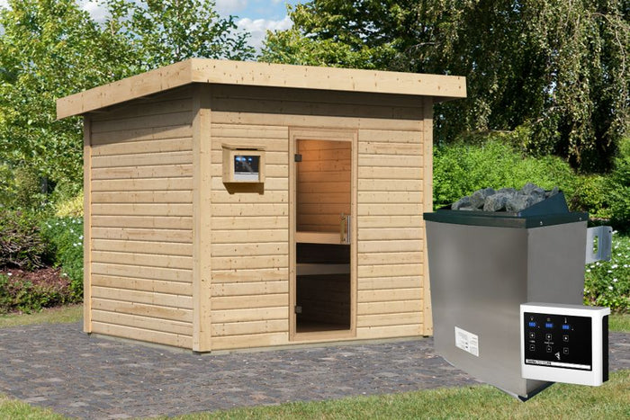 Karibu Saunahaus Caapi 4, inkl. 9 kW Ofen finnisch ext. Steuerung, mit Klarglastür und Fußboden