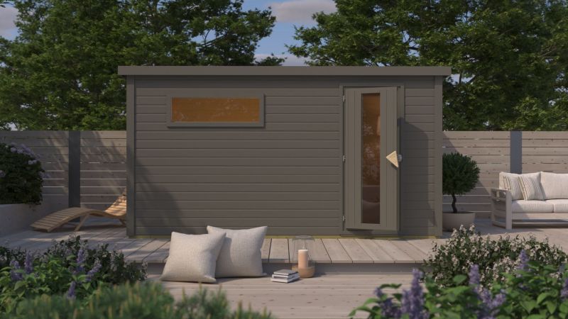 Karibu Saunahaus Hytti 6, inkl. 9 kW Ofen integr. Steuerung - mit Iso-Tür, terragrau, 38 mm