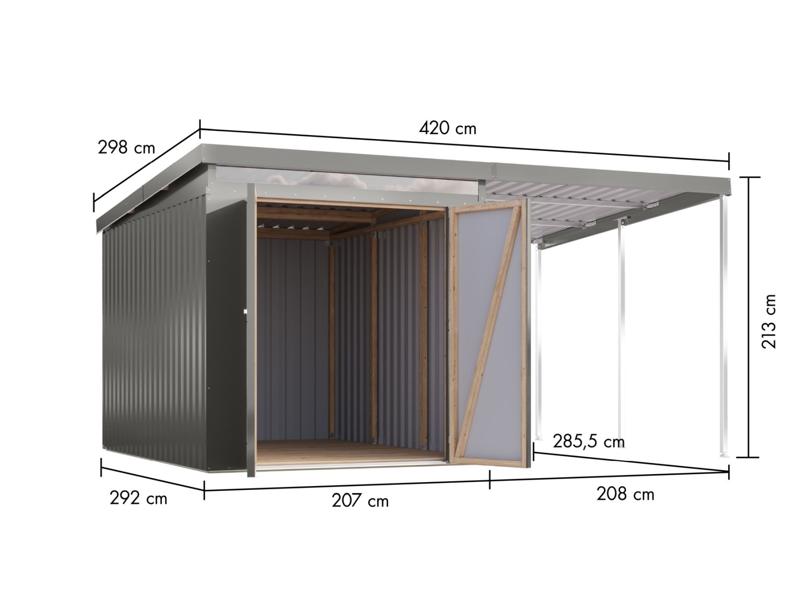 Karibu Metallgerätehaus Iridium 2,5 in Graualuminium, inkl. Anbaudach 2m