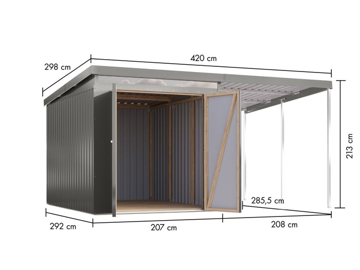 Karibu Metallgerätehaus Iridium 2,5 in Graualuminium, inkl. Anbaudach 2m