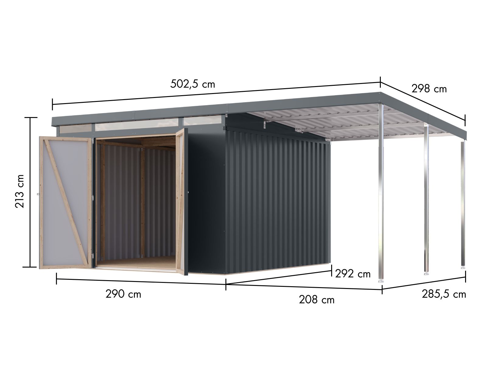 Karibu Metallgerätehaus Iridium 3,5 in Anthrazit, inkl. Anbaudach 2m