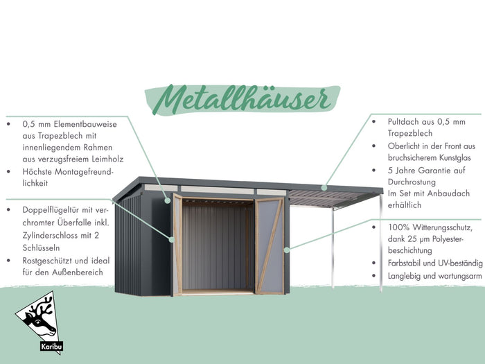 Karibu Metallgerätehaus Iridium 2,5 in Graualuminium, inkl. Anbaudach 2m