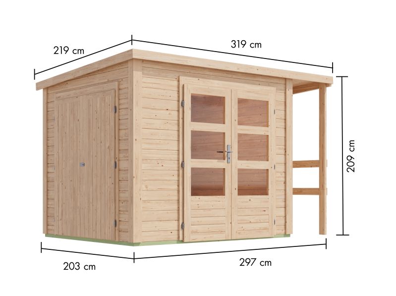 Karibu Multifunktionshaus Pultdach mit Schrank und Anbaudach 28 mm