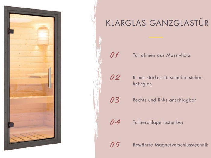 Karibu Saunahaus Caapi 2, terragrau, inkl. 9 kW Bioofen ext. Steuerung, mit Klarglastür und Fußboden