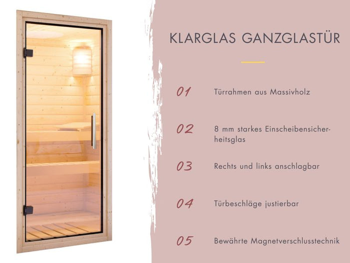 Karibu Saunahaus Caapi 2, inkl. 9 kW Ofen integr. Steuerung, mit Klarglastür und Fußboden