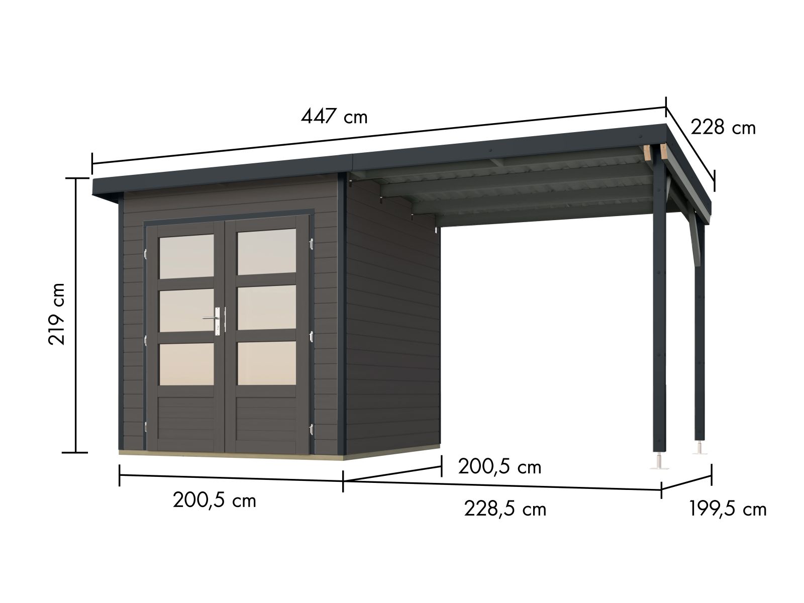 Karibu Hybrid Gartenhaus Pluto 1 B, terragrau/anthrazit, 28 mm, inkl. Anbaudach ca. 2,33m