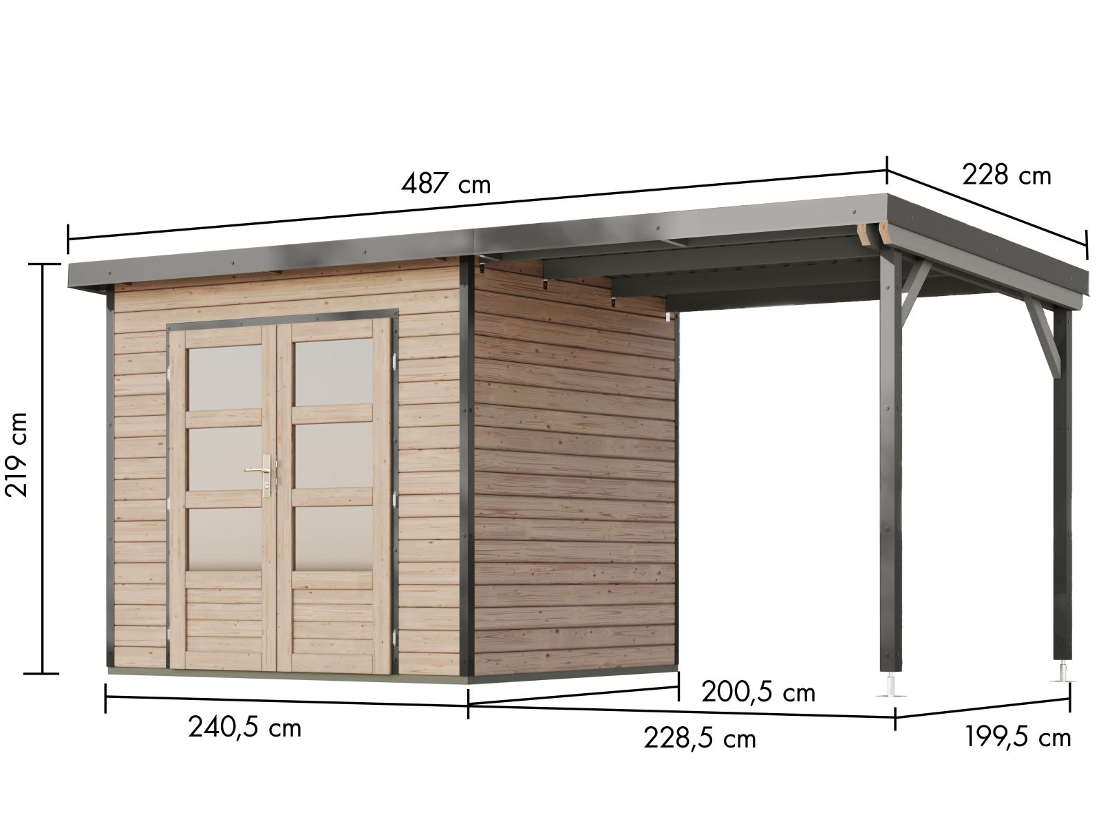 Karibu Hybrid Gartenhaus Pluto 2 A, naturbelassen/graualuminium, 28 mm, inkl. Anbaudach 2,33m