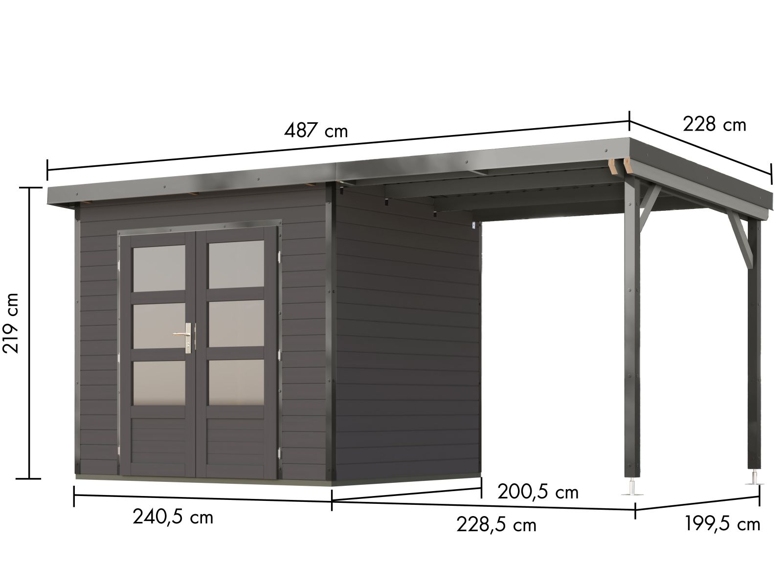 Karibu Hybrid Gartenhaus Pluto 2 B, terragrau/graualuminium, 28 mm, inkl. Anbaudach 2,33m