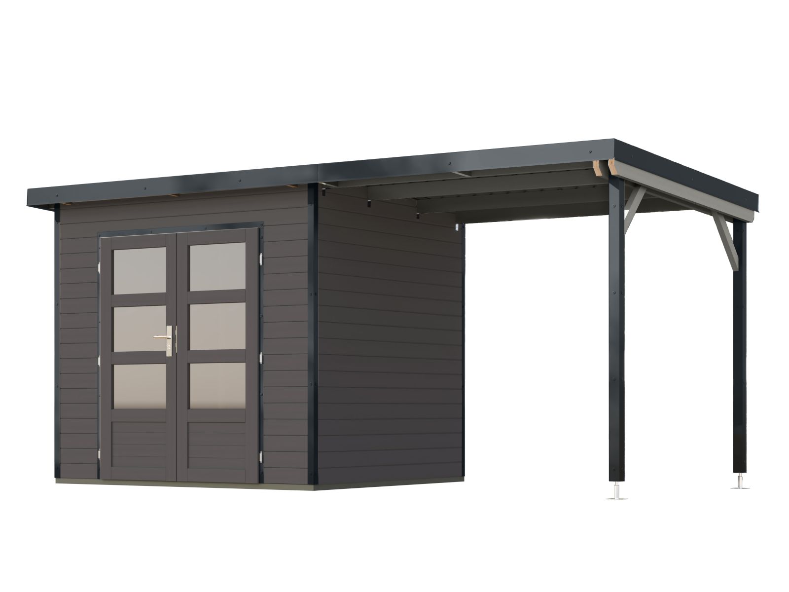 Karibu Hybrid Gartenhaus Pluto 2 B, terragrau/anthrazit, 28 mm, inkl. Anbaudach 2,33m