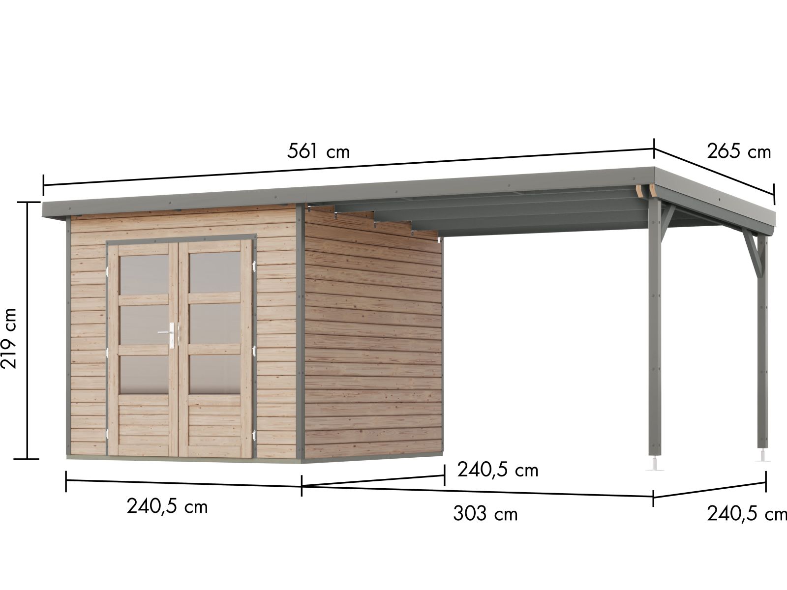 Karibu Hybrid Gartenhaus Pluto 3 A, naturbelassen/graualuminium, 28 mm, inkl. Anbaudach ca. 3m