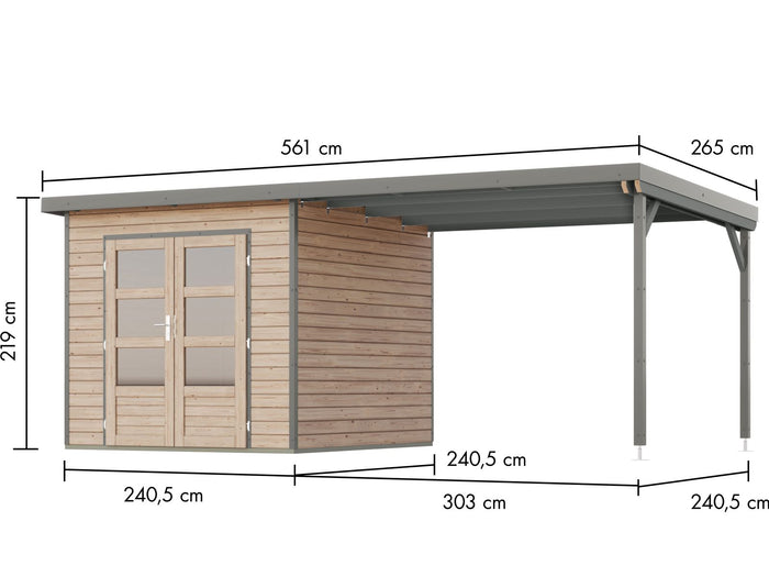 Karibu Hybrid Gartenhaus Pluto 3 A, naturbelassen/graualuminium, 28 mm, inkl. Anbaudach ca. 3m