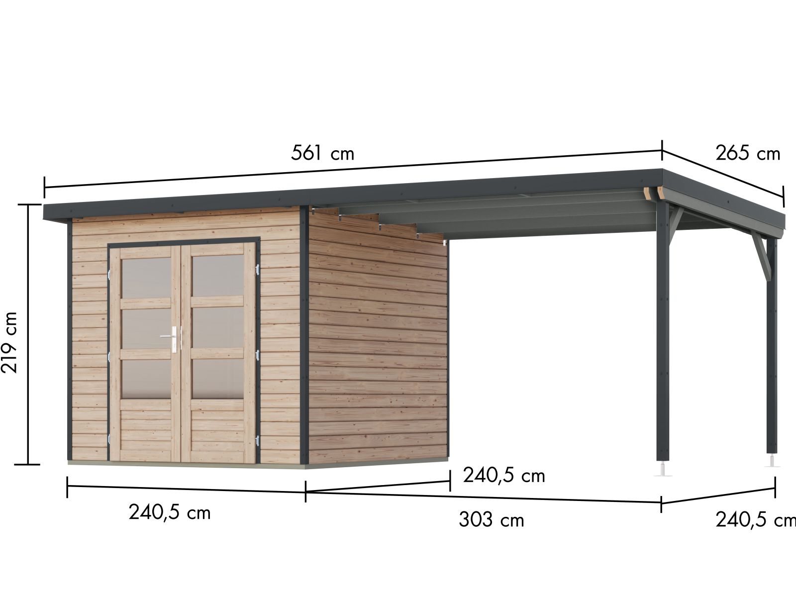 Karibu Hybrid Gartenhaus Pluto 3 A, naturbelassen/anthrazit, 28 mm, inkl. Anbaudach ca. 3m