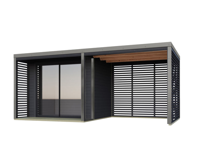 Karibu Hybrid Gartenhaus Saturn B, anthrazit/graualuminium, 38 mm, inkl. Fußboden und Anbaudach 3m