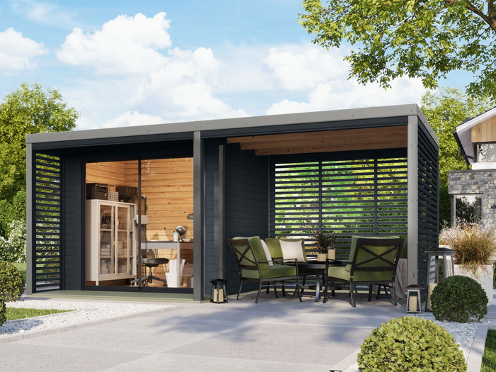 Karibu Hybrid Gartenhaus Saturn B, anthrazit/graualuminium, 38 mm, inkl. Fußboden und Anbaudach 3m