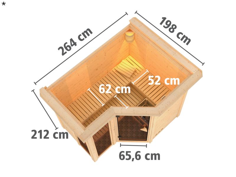 Amara - Karibu Sauna inkl. 9-kW-Bioofen - mit Dachkranz -