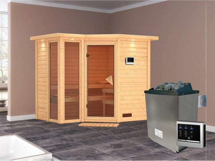 Amara - Karibu Sauna inkl. 9-kW-Ofen - mit Dachkranz -