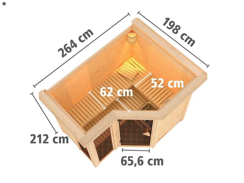 Amara - Karibu Sauna inkl. 9-kW-Ofen - mit Dachkranz -