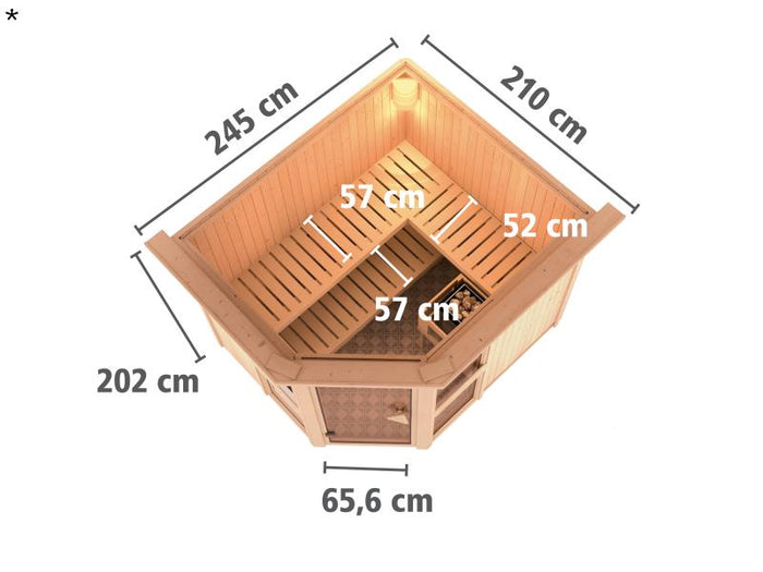 Amelia 3 - Karibu Sauna inkl. 9-kW-Ofen - mit Dachkranz -
