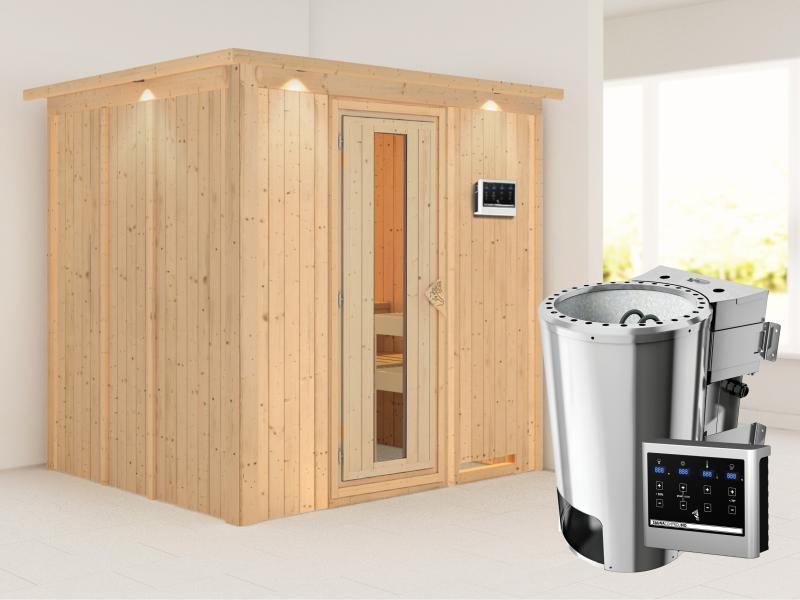 Daria - Karibu Sauna Plug & Play 3,6 kW Bio Ofen, ext. Steuerung - mit Dachkranz - Energiespartür