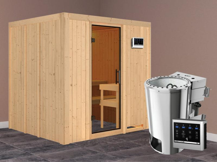 Daria - Karibu Sauna Plug & Play 3,6 kW Bio Ofen, ext. Steuerung - ohne Dachkranz - Moderne Saunatür