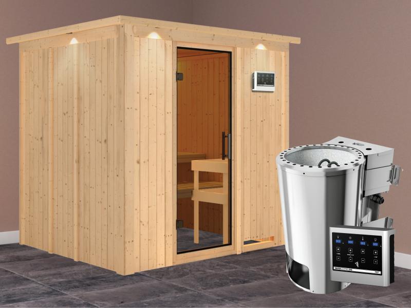 Daria - Karibu Sauna Plug & Play 3,6 kW Bio Ofen, ext. Steuerung - mit Dachkranz - Moderne Saunatür