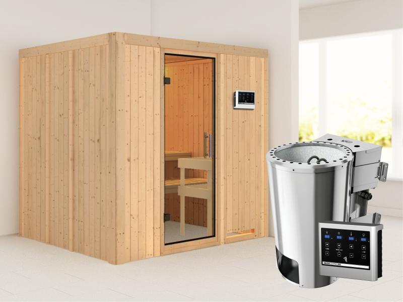 Daria - Karibu Sauna Plug & Play 3,6 kW Bio Ofen, ext. Steuerung - ohne Dachkranz - Klarglas Ganzgla