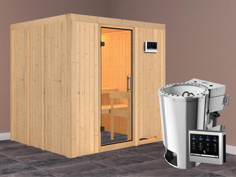Daria - Karibu Sauna Plug & Play 3,6 kW Bio Ofen, ext. Steuerung - ohne Dachkranz - Klarglas Ganzgla
