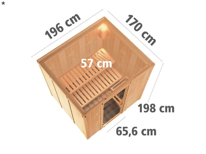 Daria - Karibu Sauna Plug & Play 3,6 kW Bio Ofen, ext. Steuerung - ohne Dachkranz - Klarglas Ganzgla