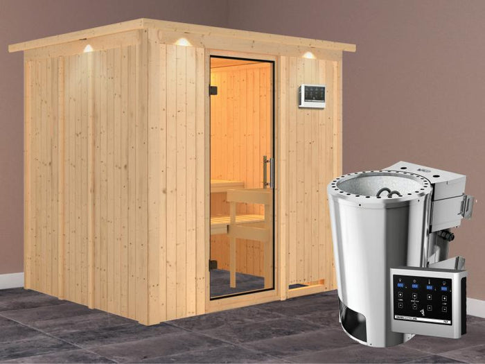 Daria - Karibu Sauna Plug & Play 3,6 kW Bio Ofen, ext. Steuerung - ohne Dachkranz - Klarglas Ganzgla