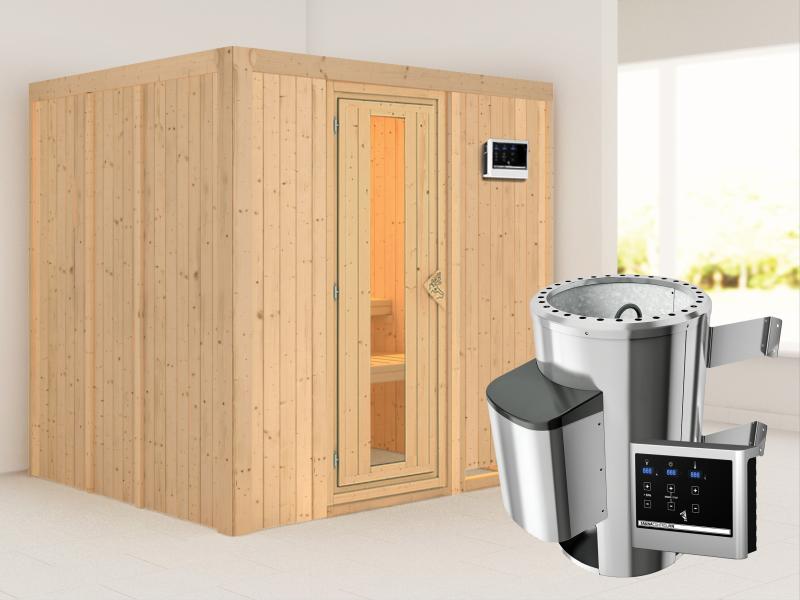 Daria - Karibu Sauna Plug & Play 3,6 kW Ofen, ext. Steuerung - ohne Dachkranz - Energiespartür