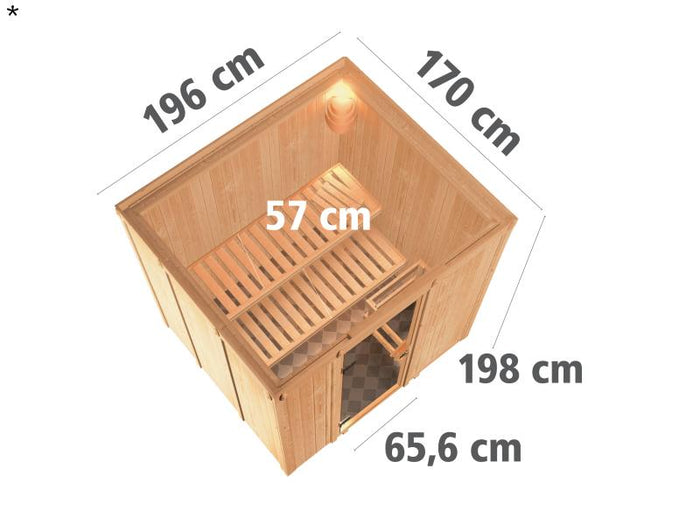 Daria - Karibu Sauna Plug & Play 3,6 kW Ofen, ext. Steuerung - ohne Dachkranz - Energiespartür