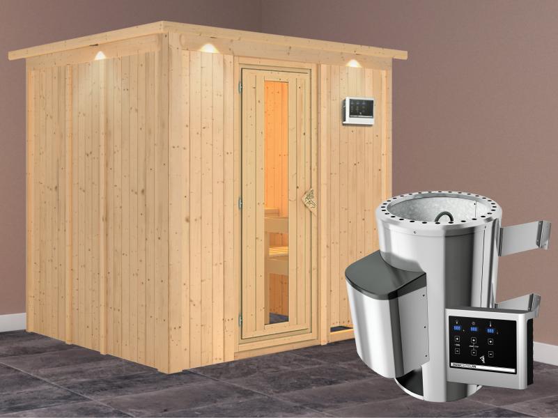 Daria - Karibu Sauna Plug & Play 3,6 kW Ofen, ext. Steuerung - mit Dachkranz - Energiespartür