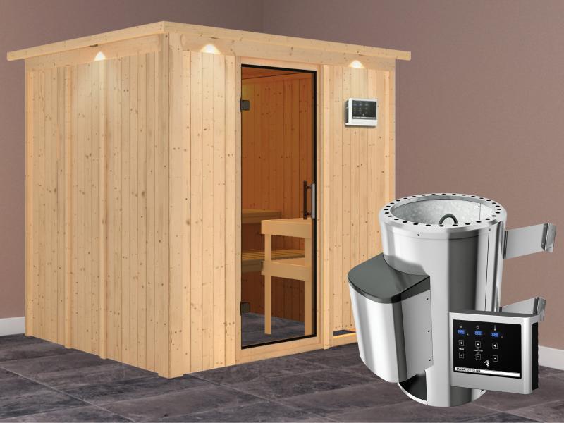Daria - Karibu Sauna Plug & Play 3,6 kW Ofen, ext. Steuerung - mit Dachkranz - Moderne Saunatür