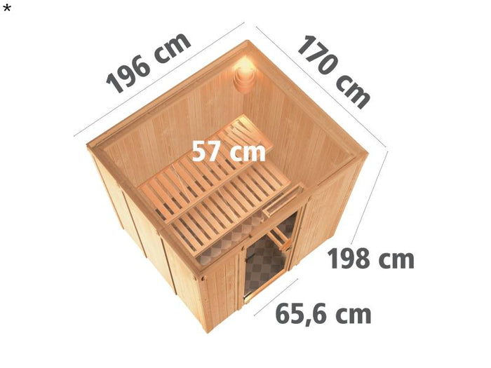 Daria - Karibu Sauna Plug & Play 3,6 kW Ofen, ext. Steuerung - ohne Dachkranz - Klarglas Ganzglastür