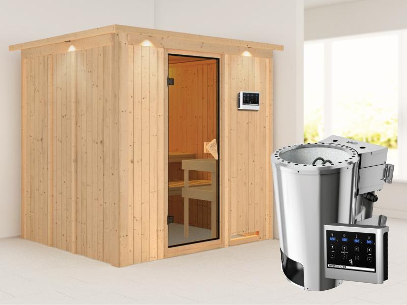 Daria - Karibu Sauna Plug & Play inkl. 3,6 kW-Bioofen - mit Dachkranz -