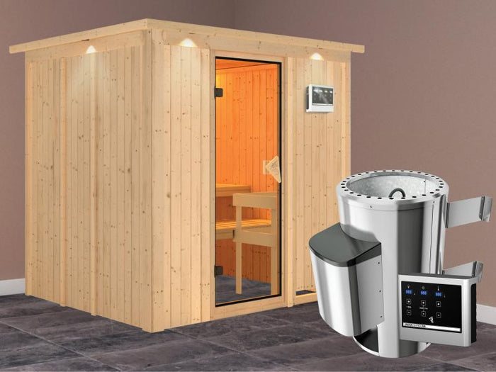 Daria - Karibu Sauna Plug & Play inkl. 3,6 kW-Ofen - mit Dachkranz -