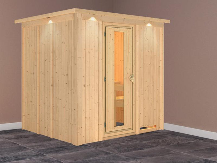 Daria - Karibu Sauna Plug & Play ohne Ofen - mit Dachkranz - Energiespartür