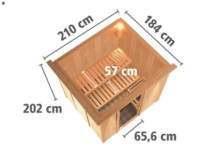 Daria - Karibu Sauna Plug & Play ohne Ofen - mit Dachkranz - Moderne Sauantür
