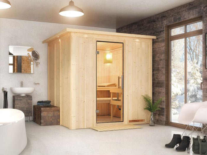 Daria - Karibu Sauna Plug & Play ohne Ofen - mit Dachkranz - Klarglas Ganzglastür