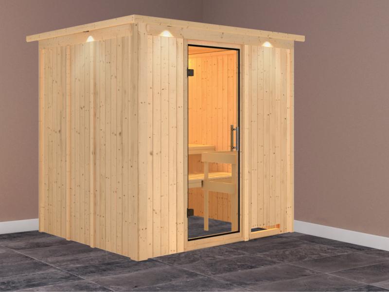 Daria - Karibu Sauna Plug & Play ohne Ofen - mit Dachkranz - Klarglas Ganzglastür