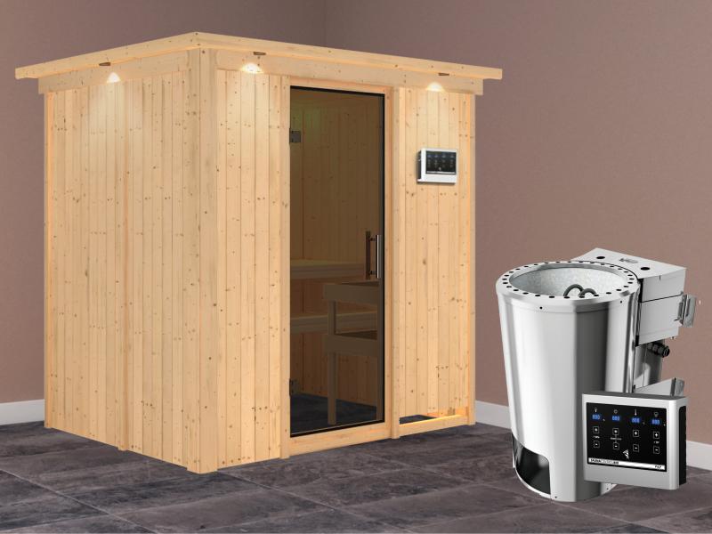 Fanja - Karibu Sauna Plug & Play 3,6 kW Bio Ofen, ext. Steuerung - mit Dachkranz - Moderne Saunatür