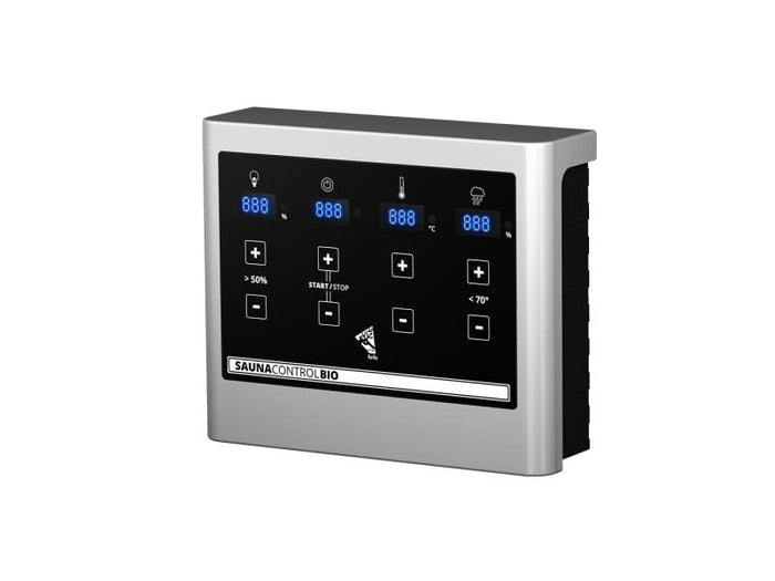 Fanja - Karibu Sauna Plug & Play 3,6 kW Bio Ofen, ext. Steuerung - mit Dachkranz - Moderne Saunatür