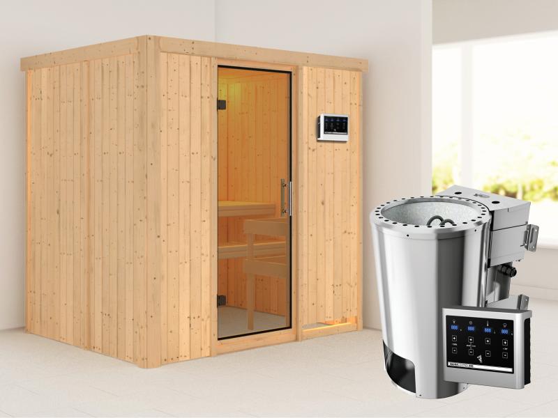 Fanja - Karibu Sauna Plug & Play 3,6 kW Bio Ofen, ext. Steuerung - ohne Dachkranz - Klarglas Ganzgla