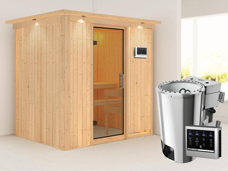 Fanja - Karibu Sauna Plug & Play 3,6 kW Bio Ofen, ext. Steuerung - mit Dachkranz - Klarglas Ganzglas