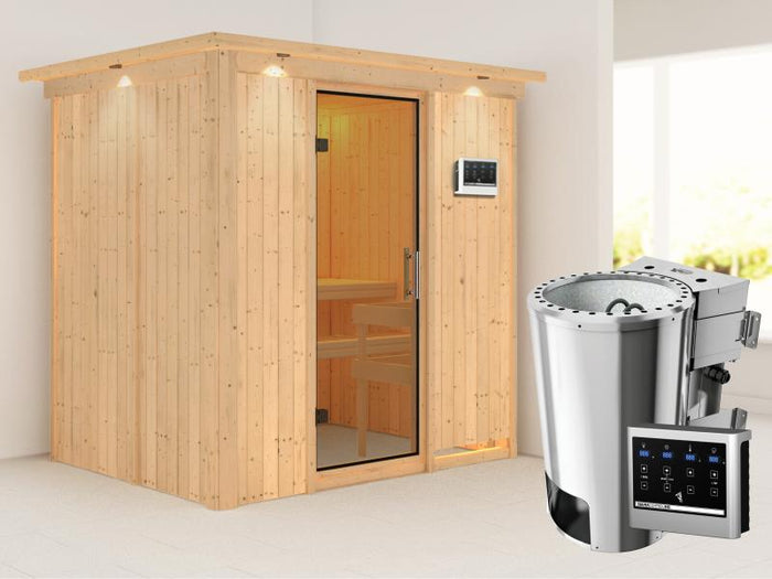 Fanja - Karibu Sauna Plug & Play 3,6 kW Bio Ofen, ext. Steuerung - mit Dachkranz - Klarglas Ganzglas