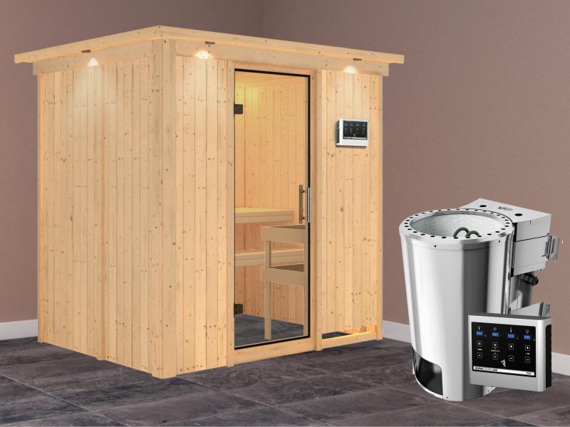 Fanja - Karibu Sauna Plug & Play 3,6 kW Bio Ofen, ext. Steuerung - mit Dachkranz - Klarglas Ganzglas