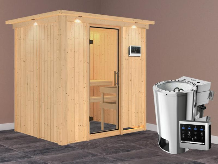 Fanja - Karibu Sauna Plug & Play 3,6 kW Bio Ofen, ext. Steuerung - mit Dachkranz - Klarglas Ganzglas