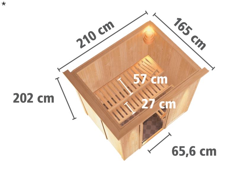 Fanja - Karibu Sauna Plug & Play 3,6 kW Bio Ofen, ext. Steuerung - mit Dachkranz - Klarglas Ganzglas